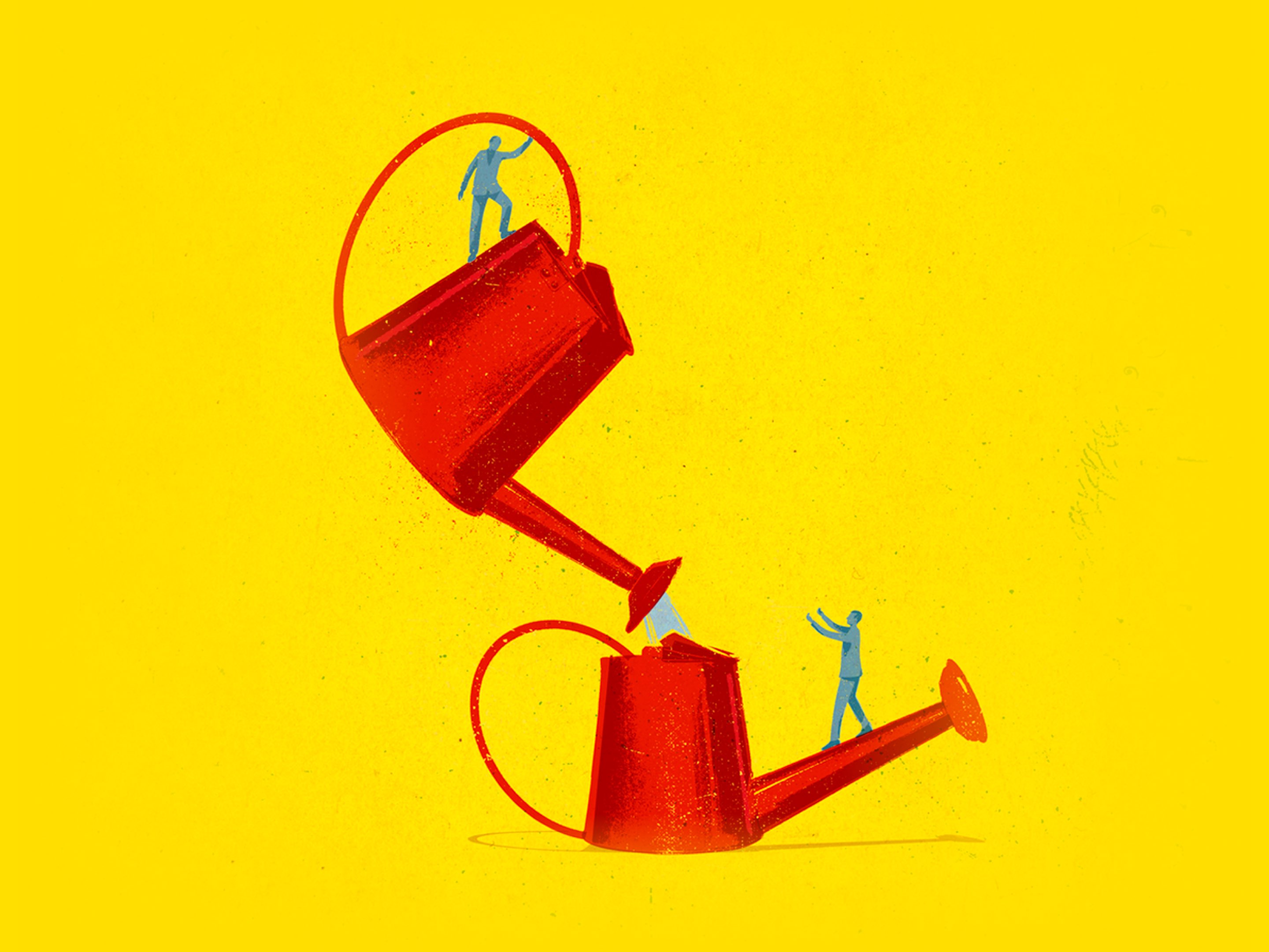 Two red watering cans with small people working together to pour one watering can into the other.