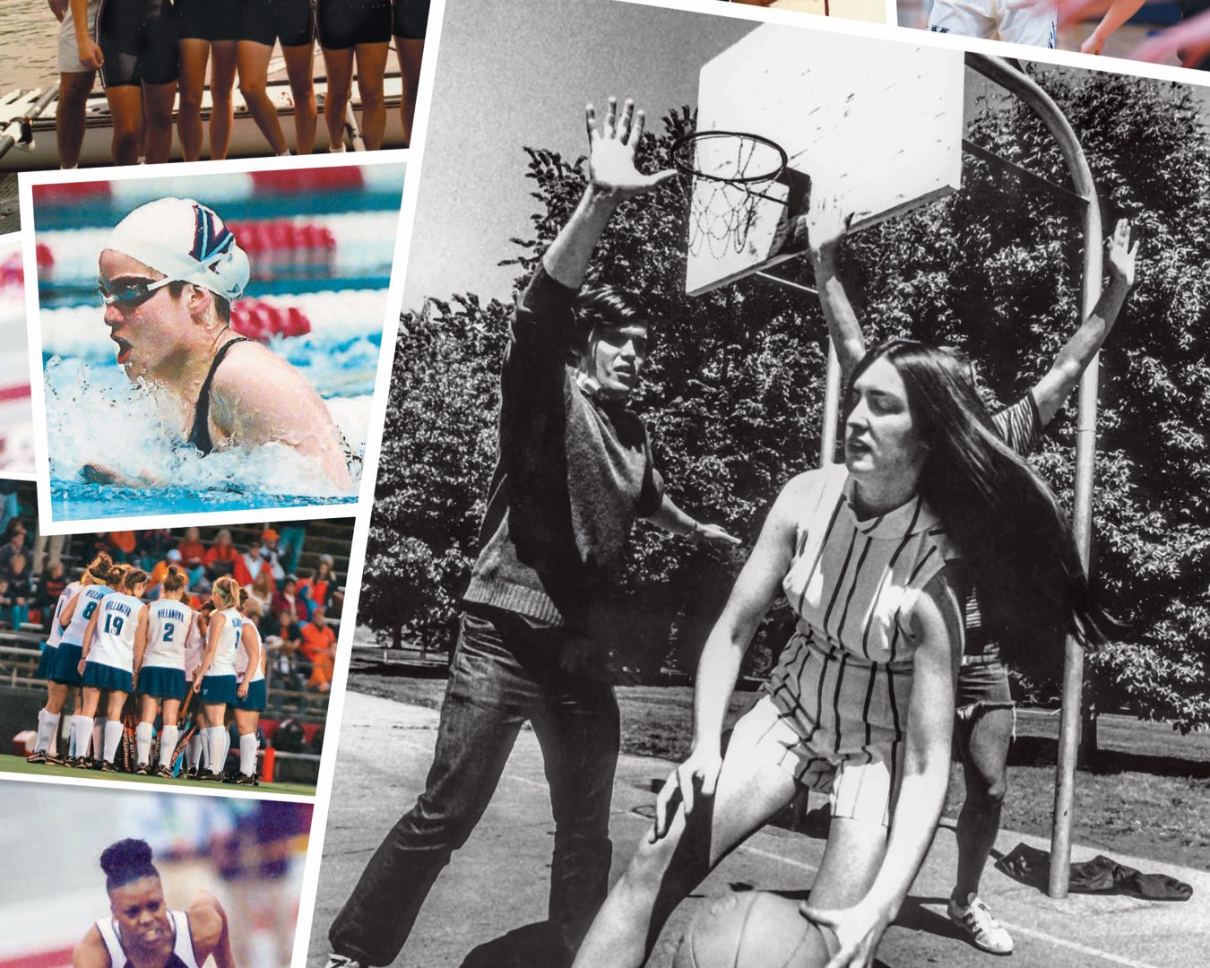 Marie Maguire ’69 COE, in the 1960s, plays against a male student on an outdoor basketball court in a retro short jumpsuit