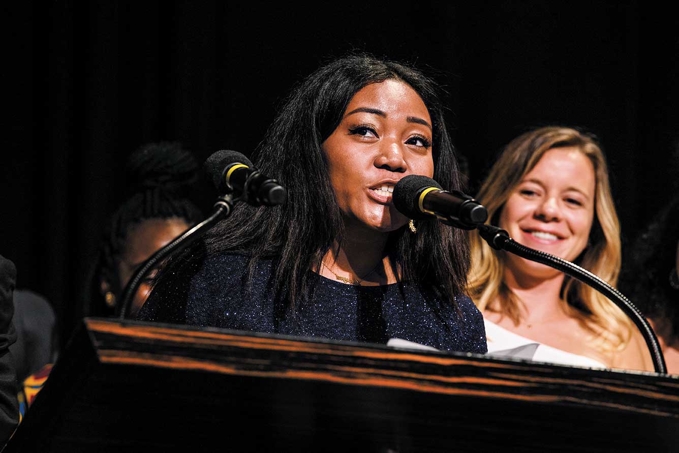 Director Princess Garrett at the microphone at the Academy Awards