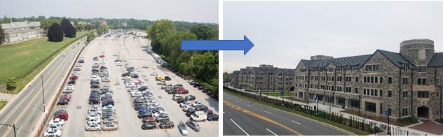 Villanova’s Main lot (left) vs. the completed Commons (right). Villanova’s Main lot (left) vs. the completed Commons (right).
