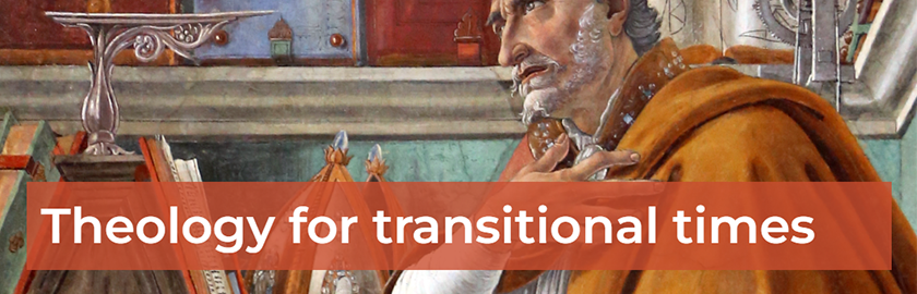 The Augustine Blog banner for Augustine blog, "theology for transitional times" is written over a painting of Augustine