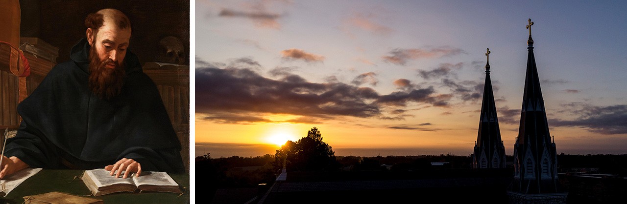 The Augustinian Institute at Villanova University Painting of St. Augustine next to image of Villanova Church steeples at sunset