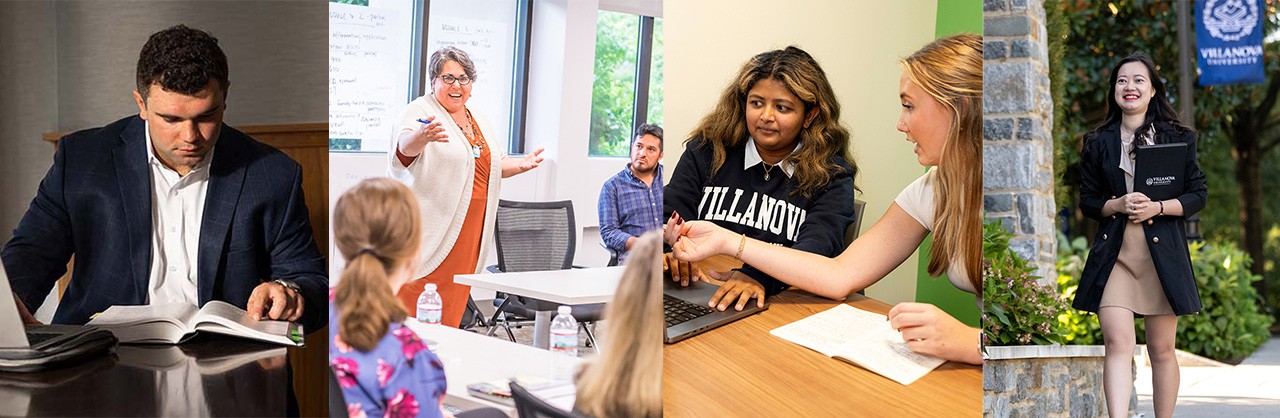 The Mother Cabrini Institute on Immigration young man studying at a table, faculty standing and teaching, students working at a table with a laptop and pen and notepad, young woman walking outside