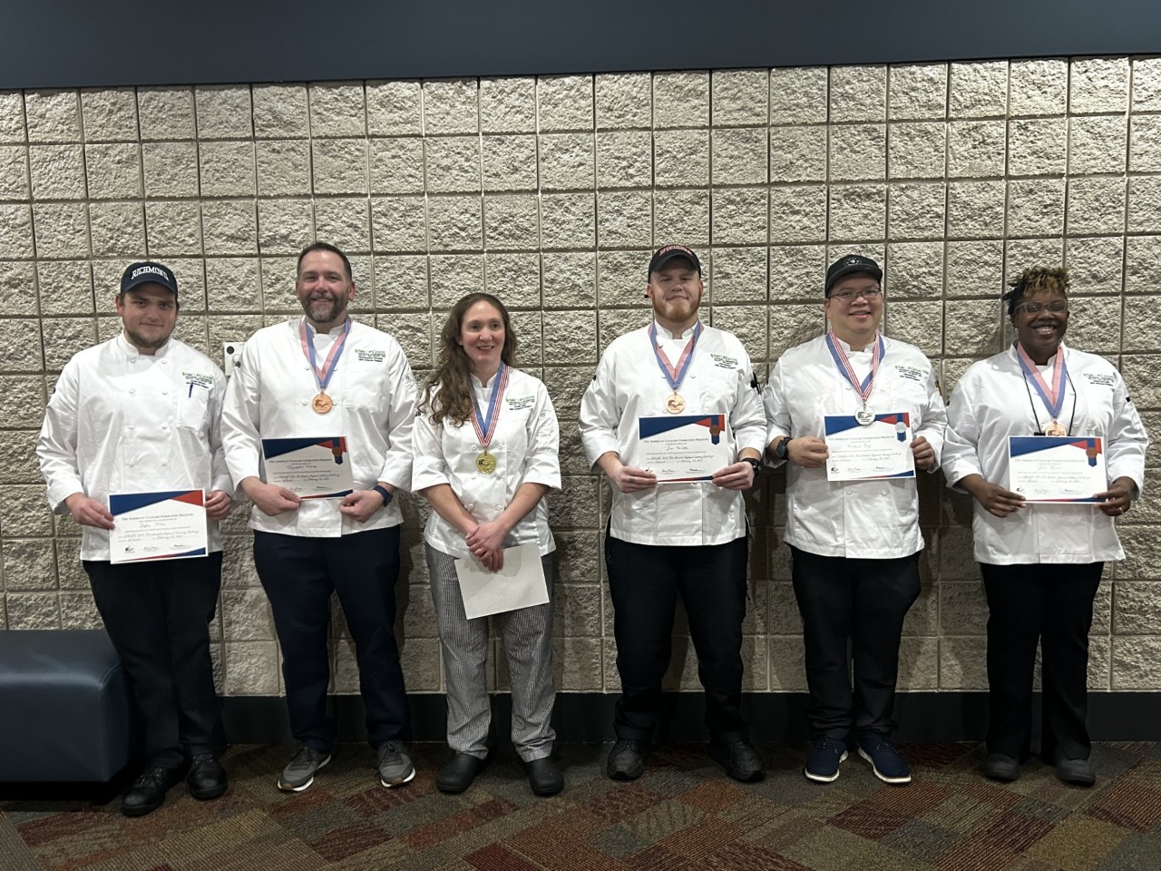 The Mid-Atlantic region chefs from left to right: Dylan Moore, University of Richmond; Christopher Wiseley, Villanova University; Emily Getz, Penn State; John Barker, University of Lynchburg; Michael Eng, Rutgers University; and Jade McCalla, Johns Hopkins University