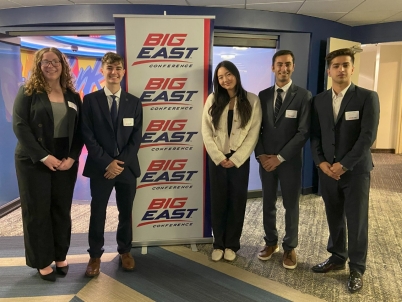 Five students represented Villanova at the 2025 BIG EAST Undergraduate Research Symposium. From left to right: Grace Hansen, Will Stozenski, Janice Park, Datamis Ghorbanian and Swopnil Panday. Five students represented Villanova at the 2025 BIG EAST Undergraduate Research Symposium. From left to right: Grace Hansen, Will Stozenski, Janice Park, Datamis Ghorbanian and Swopnil Panday.
