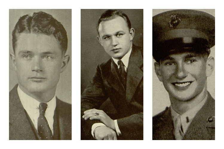 From left to right: Harry Singley, Jr., as pictured in the 1932 “Belle Air” yearbook; Michael Basca, as pictured in the 1941 “Belle Air” yearbook; and Herman Drizin, as pictured in the summer of 1945’s “Villanova Alumnus” publication. Courtesy of the Villanova University Archives. From left to right: Harry Singley, Jr., as pictured in the 1932 “Belle Air” yearbook; Michael Basca, as pictured in the 1941 “Belle Air” yearbook; and Herman Drizin, as pictured in the summer of 1945’s “Villanova Alumnus” publication. Courtesy of the Villanova University Archives.