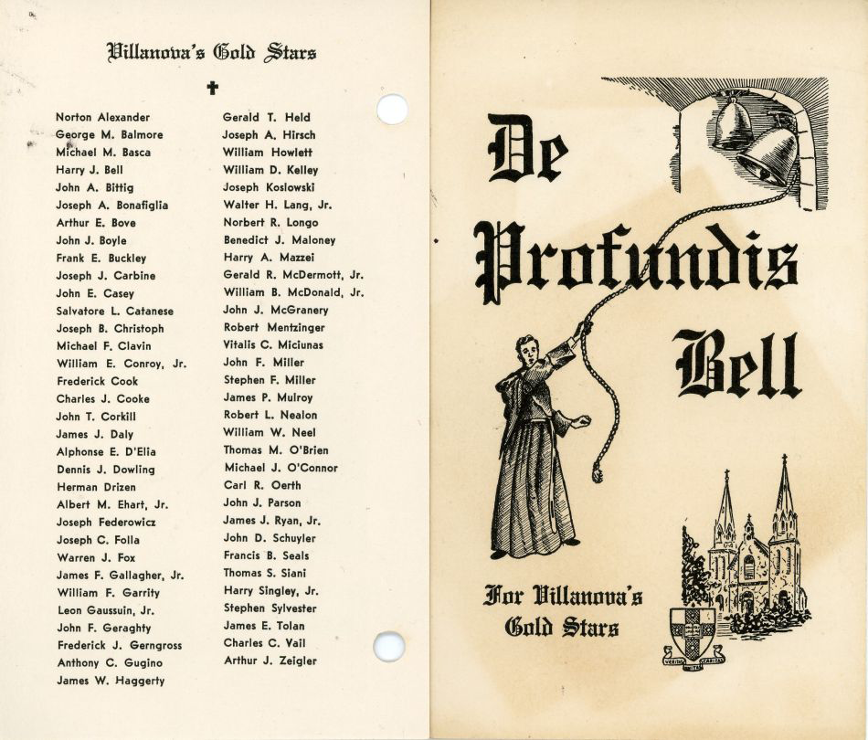 Card containing a list of 65 Villanovans who lost their lives in World War II. Courtesy of the Villanova University Archives. Card containing a list of 65 Villanovans who lost their lives in World War II. Courtesy of the Villanova University Archives.