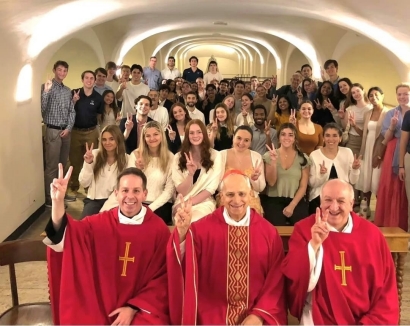 A group of Villanova students, faculty and staff celebrated Mass with Pope Leo, then Cardinal Prevost, at the Vatican in Fall 2024. The Rev. Kevin DePrinzio, vice president of Mission and Ministry (front, left) sits next to his longtime friend. A group of Villanova students, faculty and staff celebrated Mass with Pope Leo, then Cardinal Prevost, at the Vatican in Fall 2024. The Rev. Kevin DePrinzio, vice president of Mission and Ministry (front, left) sits next to his longtime friend.
