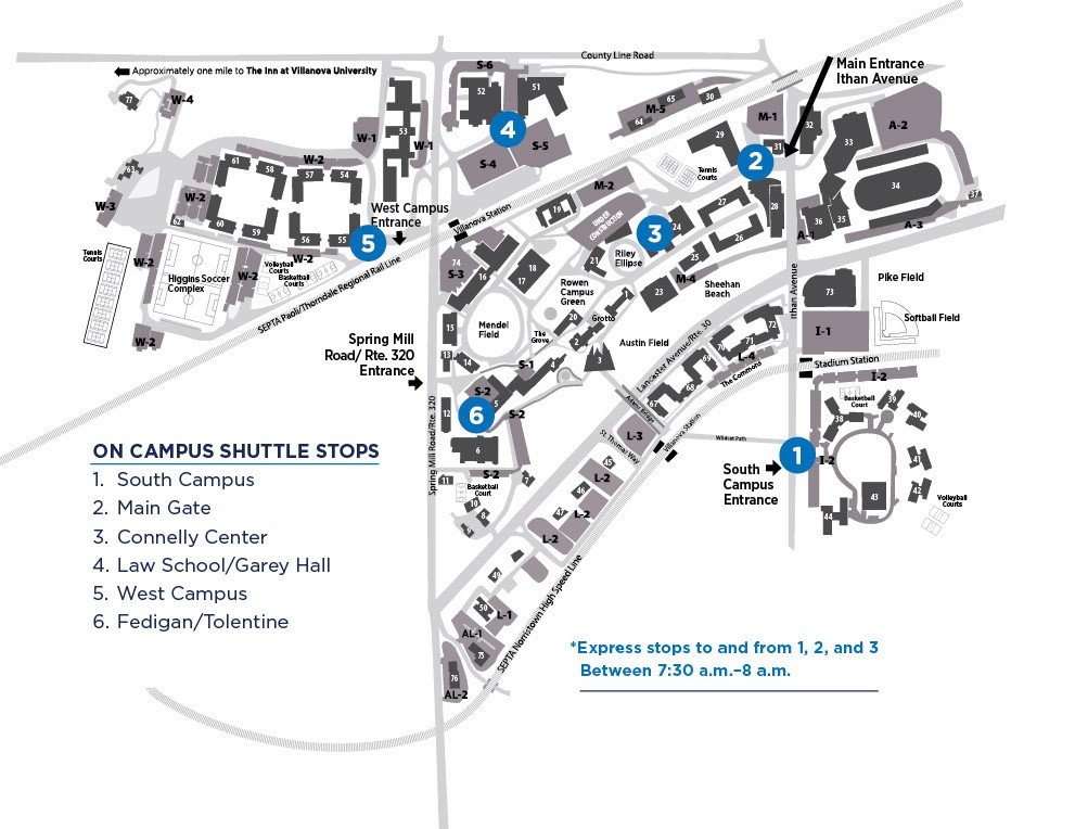 PSX1602526_Shuttle_cmap_update_FNL A map of Villanova University's campus showing the six shuttle stops of South Campus, Main Gate, Connelly Circle, Law School, West Campus and Tolentine/White Halls.