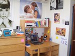 Double room desk and dresser View of a desk and dresser in an Alumni Hall double room.