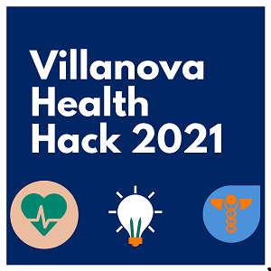 square box with the words Villanvova Health Hack and images of a lightbulb, a heart with a pulse through it, and the medical symbol of two snakes on a staff