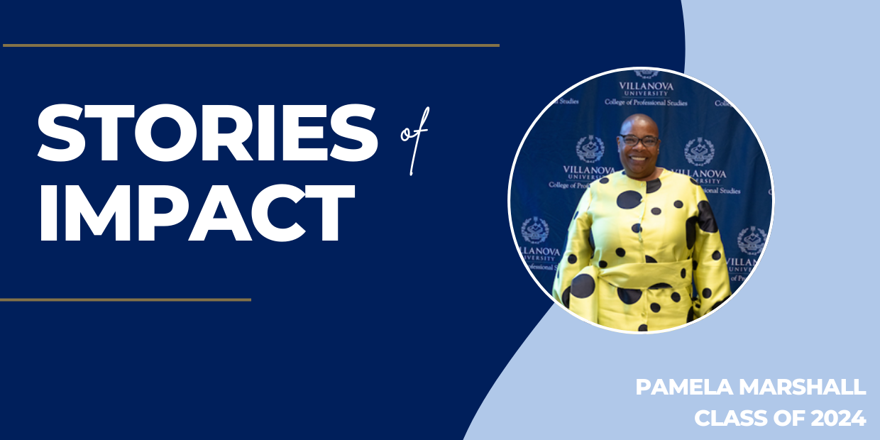 Stories of Impact logo with a picture of Pamela Marshall, class of 2024