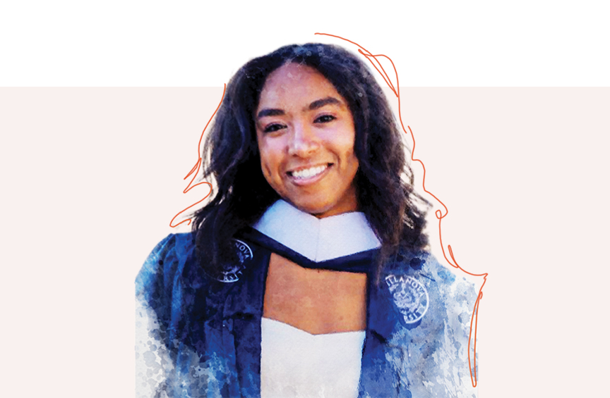 Headshot of Hannah Phillips smiling directly at the camera wearing a blue Villanova graduation gown.