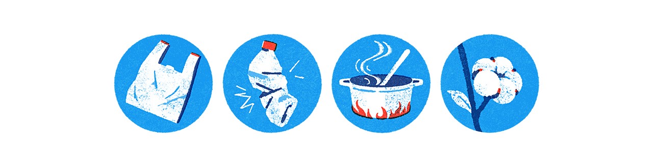 Illustrations of four ways to reduce plastic pollution
