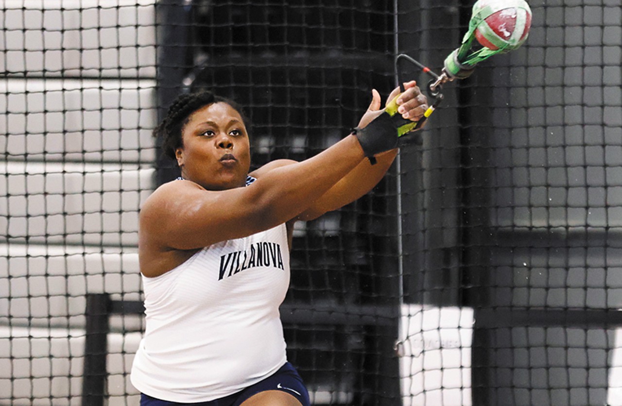 Villanova thrower Sade Meeks mid-throw