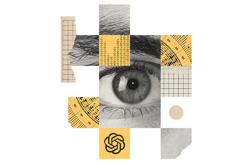 An eyeball surrounded by data analytics, with graphs and numbers.